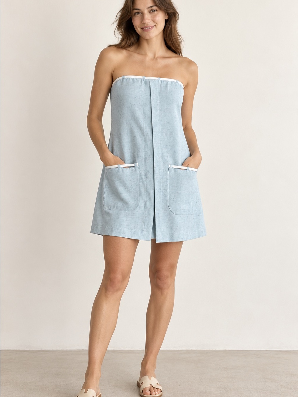 Strapless Light Blue Swim Cover-Up with Front Pockets